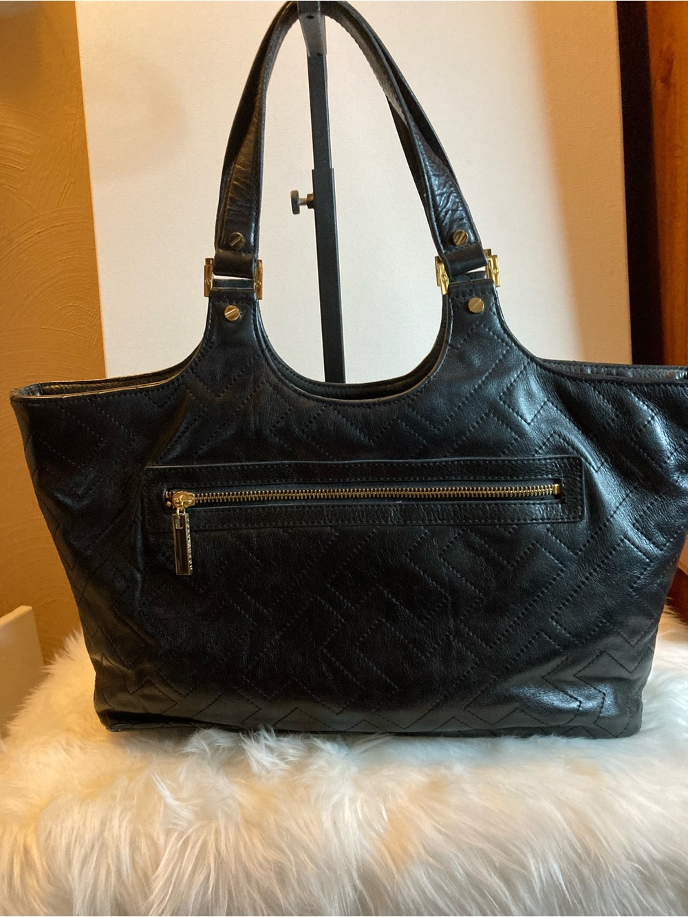 Authentic Tory Burch T Stitched Bombe Black Leather Bombe Tote Bag